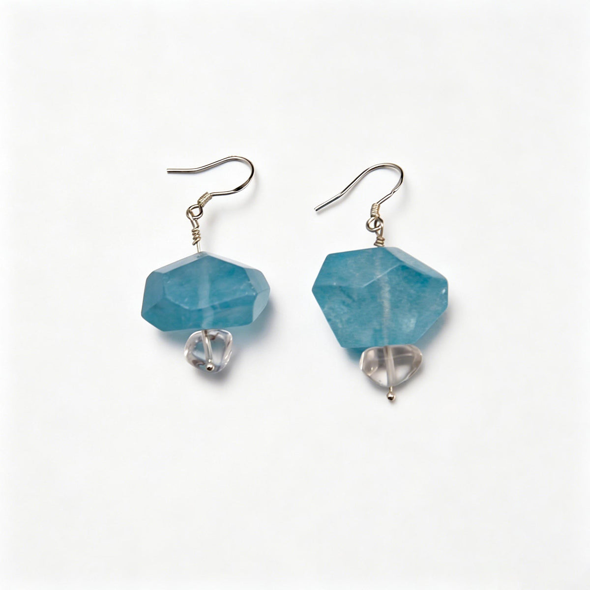 [AC-260048]The Sea Foam: Dual Currents | Aquamarine Clear Quartz 925 Sterling Silver Wire-Wrapped Earrings