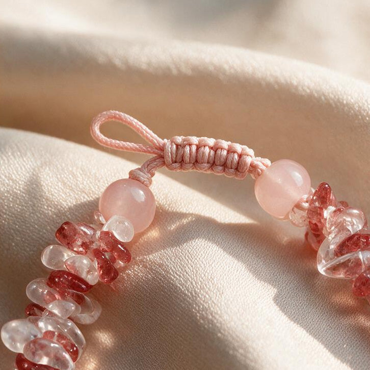 [AB-260045]Sunset Coast · Raw Glow | Luckyore Natural Strawberry Quartz × Rose Quartz × Clear Quartz Hand-Knotted Necklace 45cm (Customizable)
