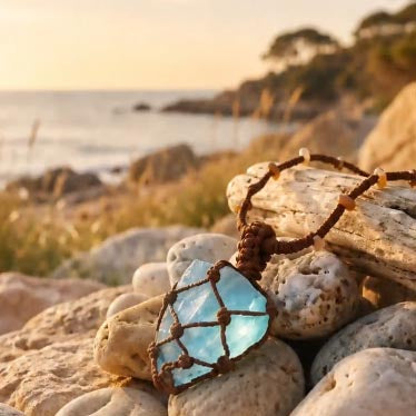[AB-260046]Spiritual Branch: Aquamarine Raw Stone Macrame Talisman | Yolk Stone Obsidian Woven Necklace