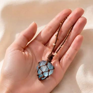 [AB-260046]Spiritual Branch: Aquamarine Raw Stone Macrame Talisman | Yolk Stone Obsidian Woven Necklace