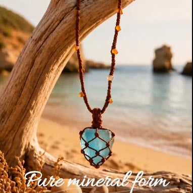 [AB-260046]Spiritual Branch: Aquamarine Raw Stone Macrame Talisman | Yolk Stone Obsidian Woven Necklace