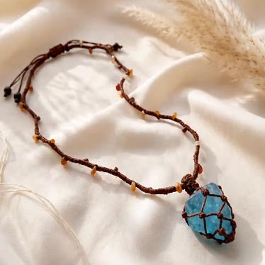 [AB-260046]Spiritual Branch: Aquamarine Raw Stone Macrame Talisman | Yolk Stone Obsidian Woven Necklace