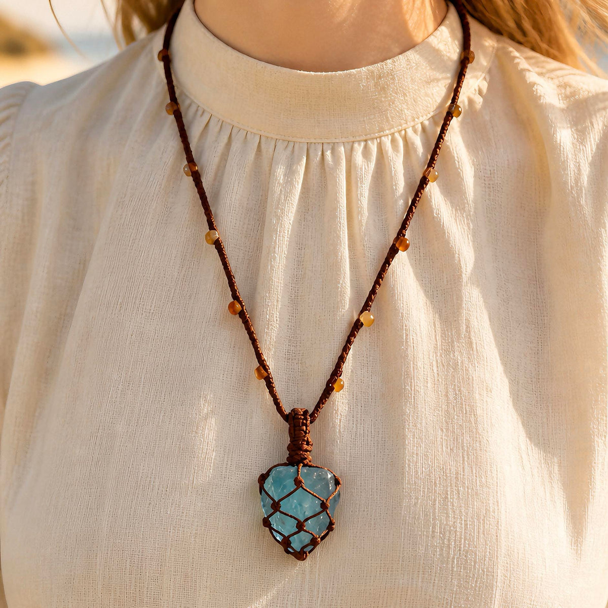 [AB-260046]Spiritual Branch: Aquamarine Raw Stone Macrame Talisman | Yolk Stone Obsidian Woven Necklace