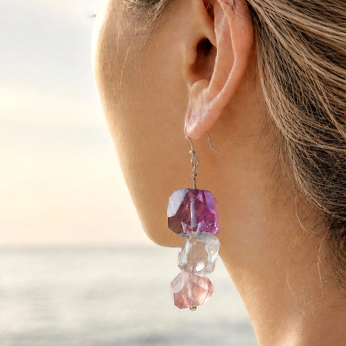 [AC-260051]The Mystic Waterfall: Emotional Balance | Amethyst, Rose Quartz & Clear Quartz Raw Cut Earrings