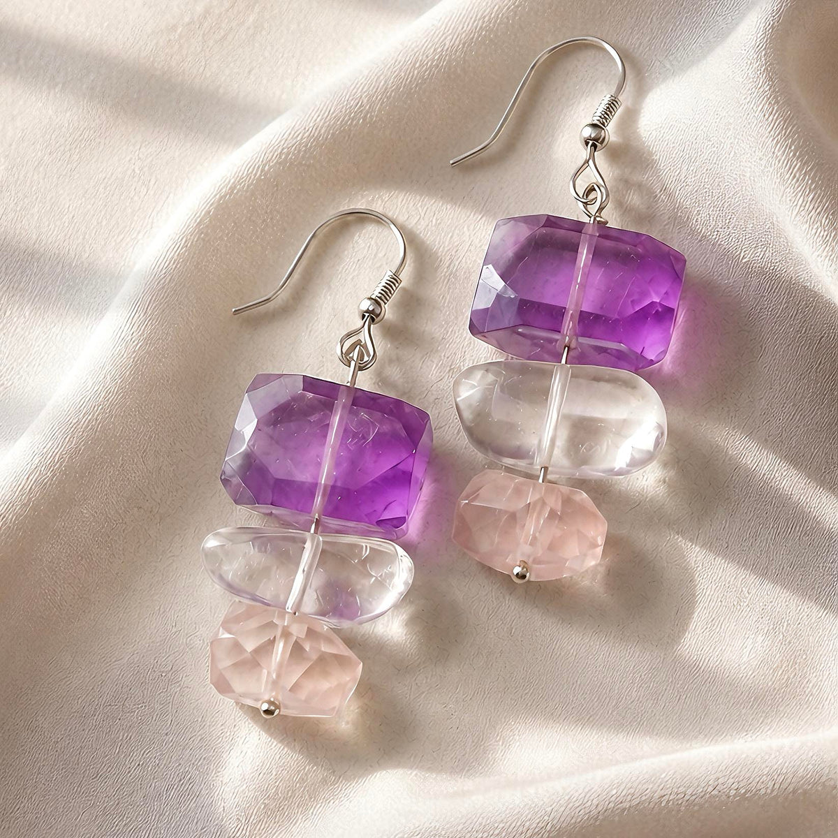 [AC-260051]The Mystic Waterfall: Emotional Balance | Amethyst, Rose Quartz & Clear Quartz Raw Cut Earrings
