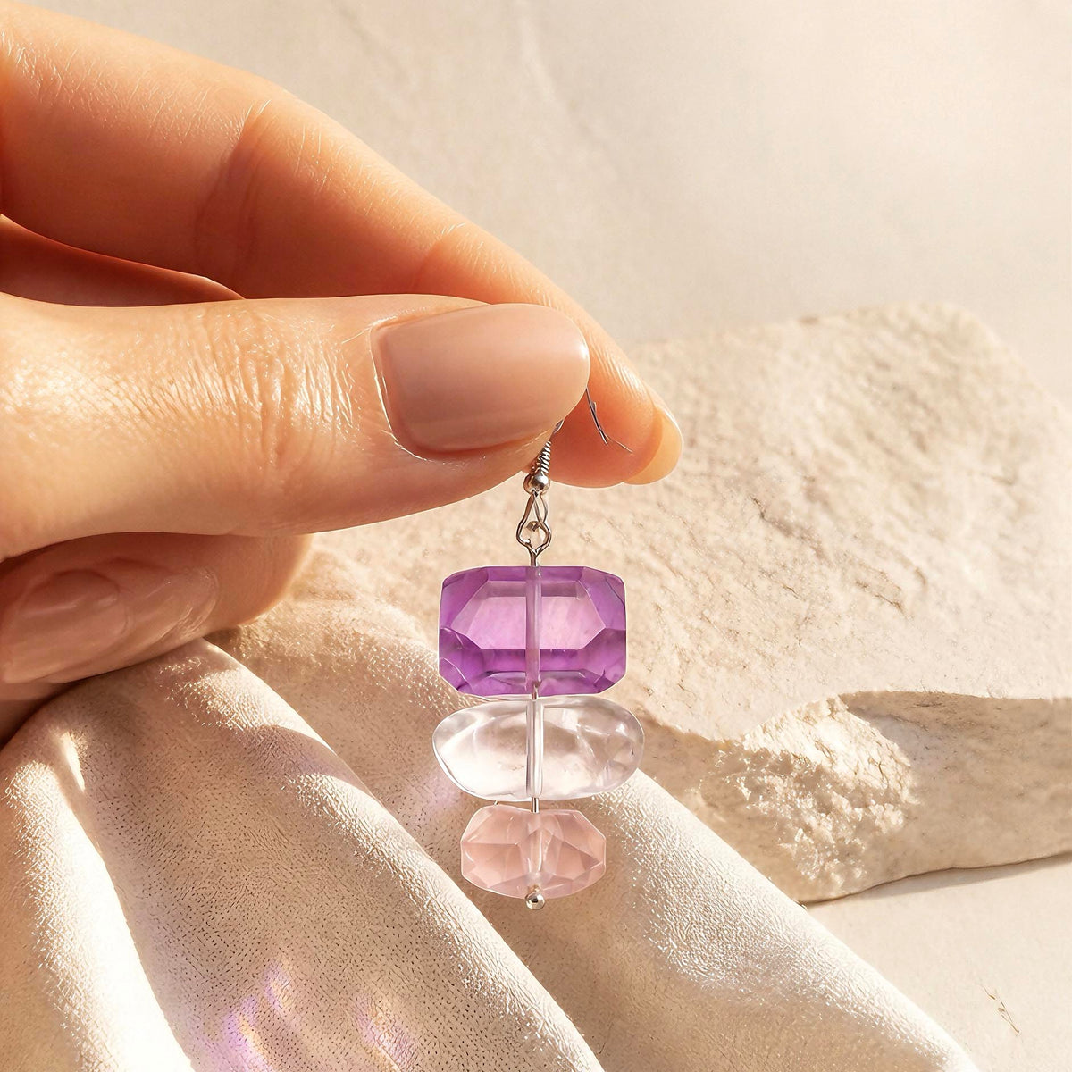 [AC-260051]The Mystic Waterfall: Emotional Balance | Amethyst, Rose Quartz & Clear Quartz Raw Cut Earrings