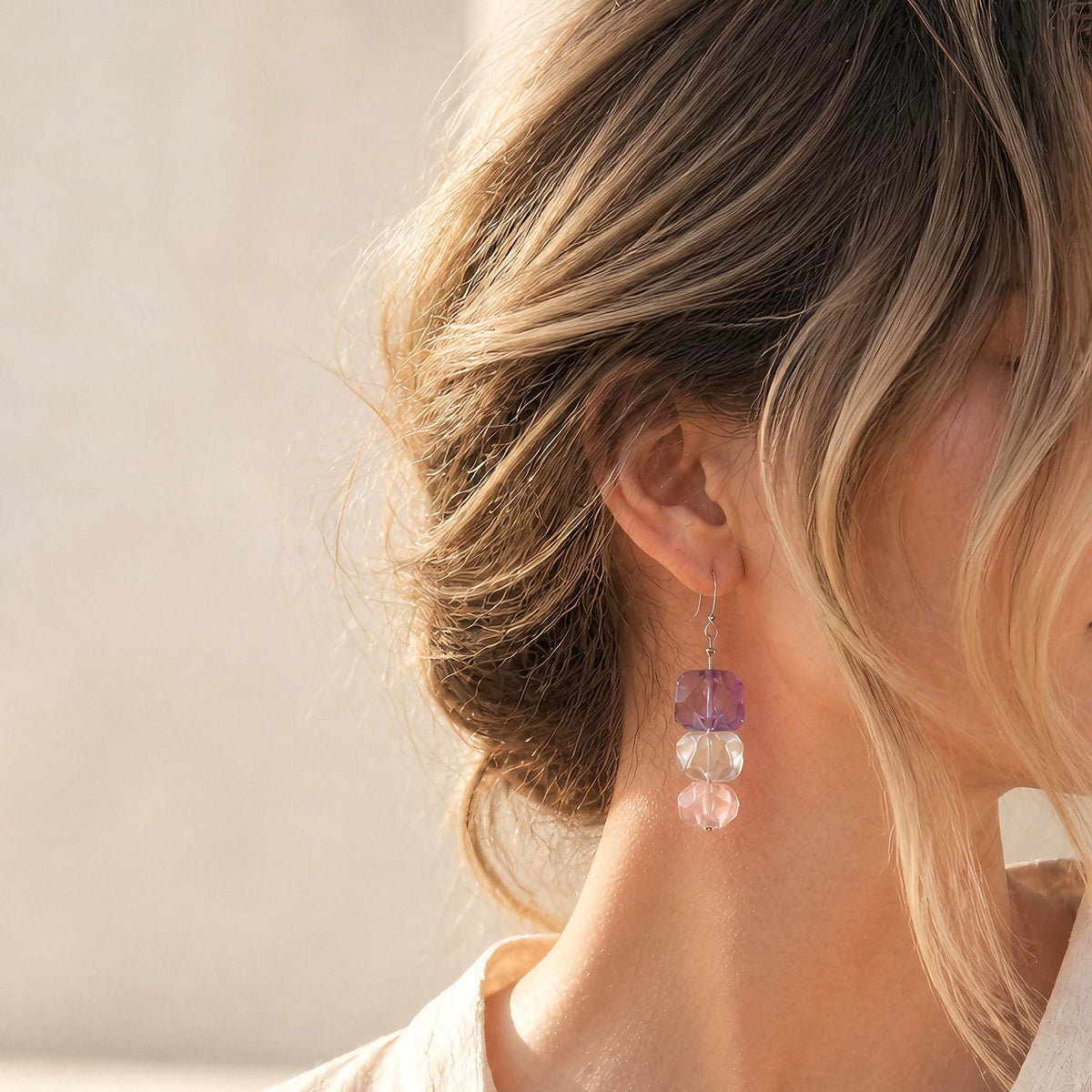 [AC-260051]The Mystic Waterfall: Emotional Balance | Amethyst, Rose Quartz & Clear Quartz Raw Cut Earrings