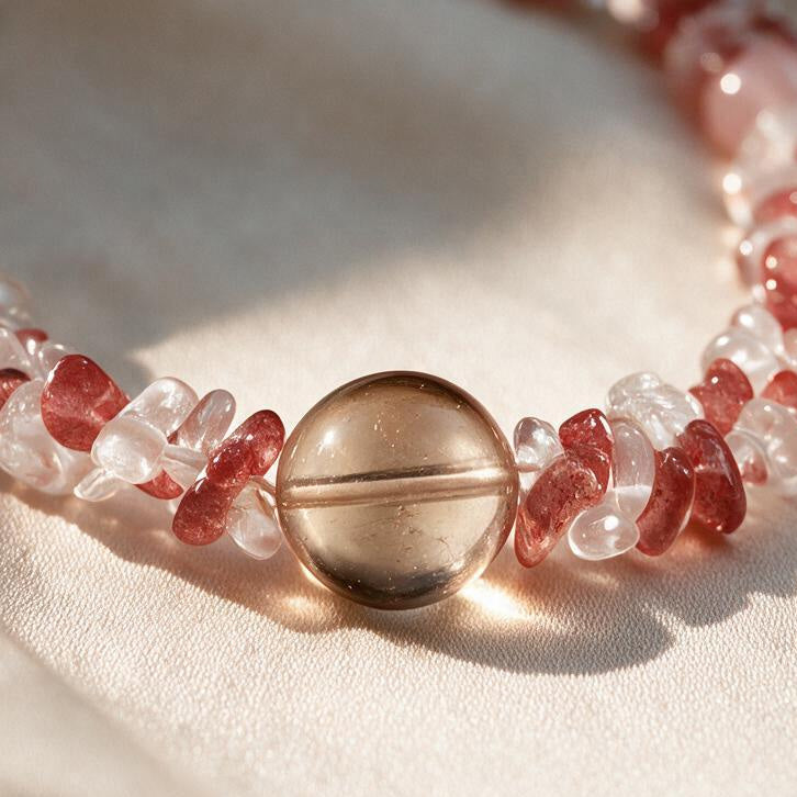 [AB-260045]Sunset Coast · Raw Glow | Luckyore Natural Strawberry Quartz × Rose Quartz × Clear Quartz Hand-Knotted Necklace 45cm (Customizable)