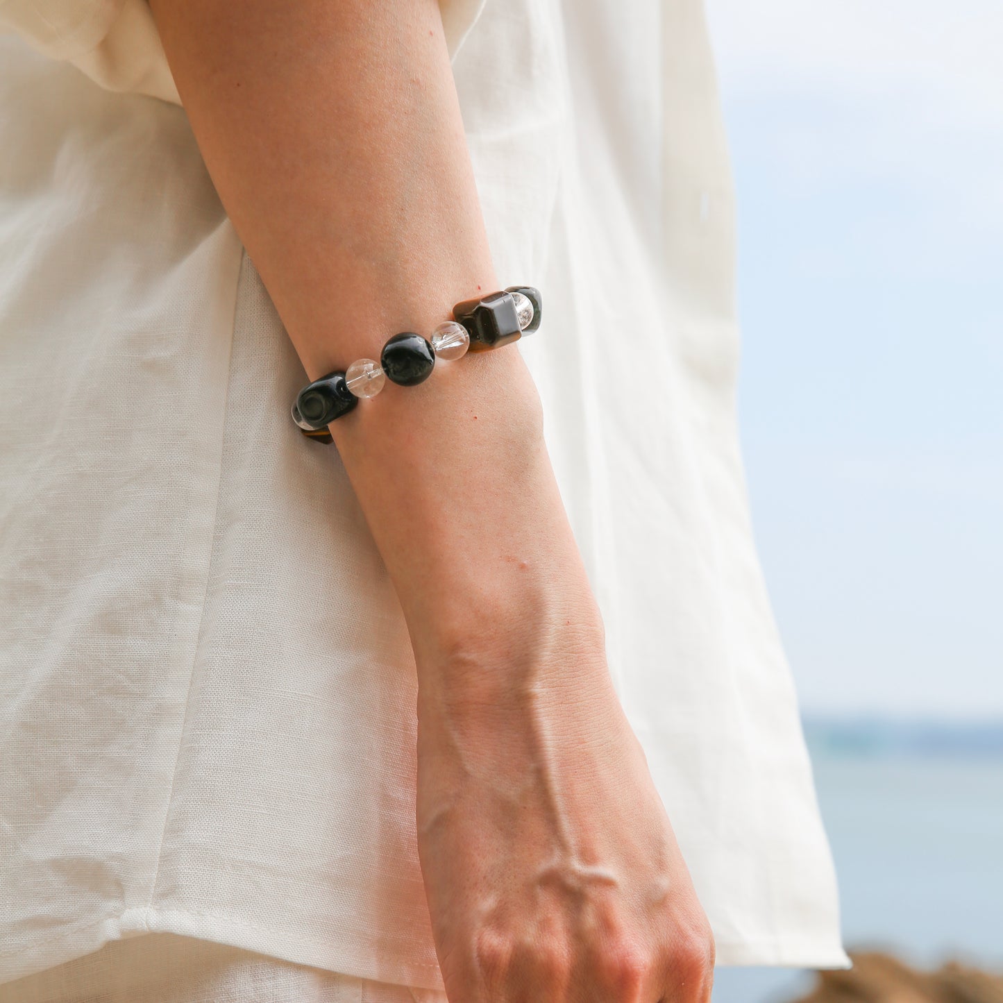 [AA-260017] Warrior’s Grounding Bracelet  Obsidian & Tiger's Eye & Clear Quartz Protection & Shielding