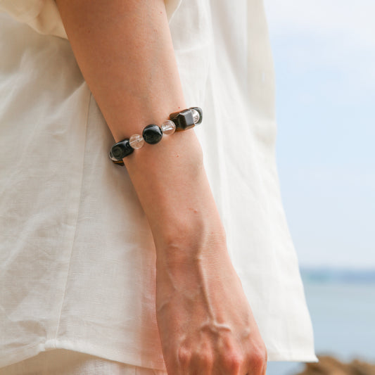 [AA-260017] Warrior’s Grounding Bracelet  Obsidian & Tiger's Eye & Clear Quartz Protection & Shielding