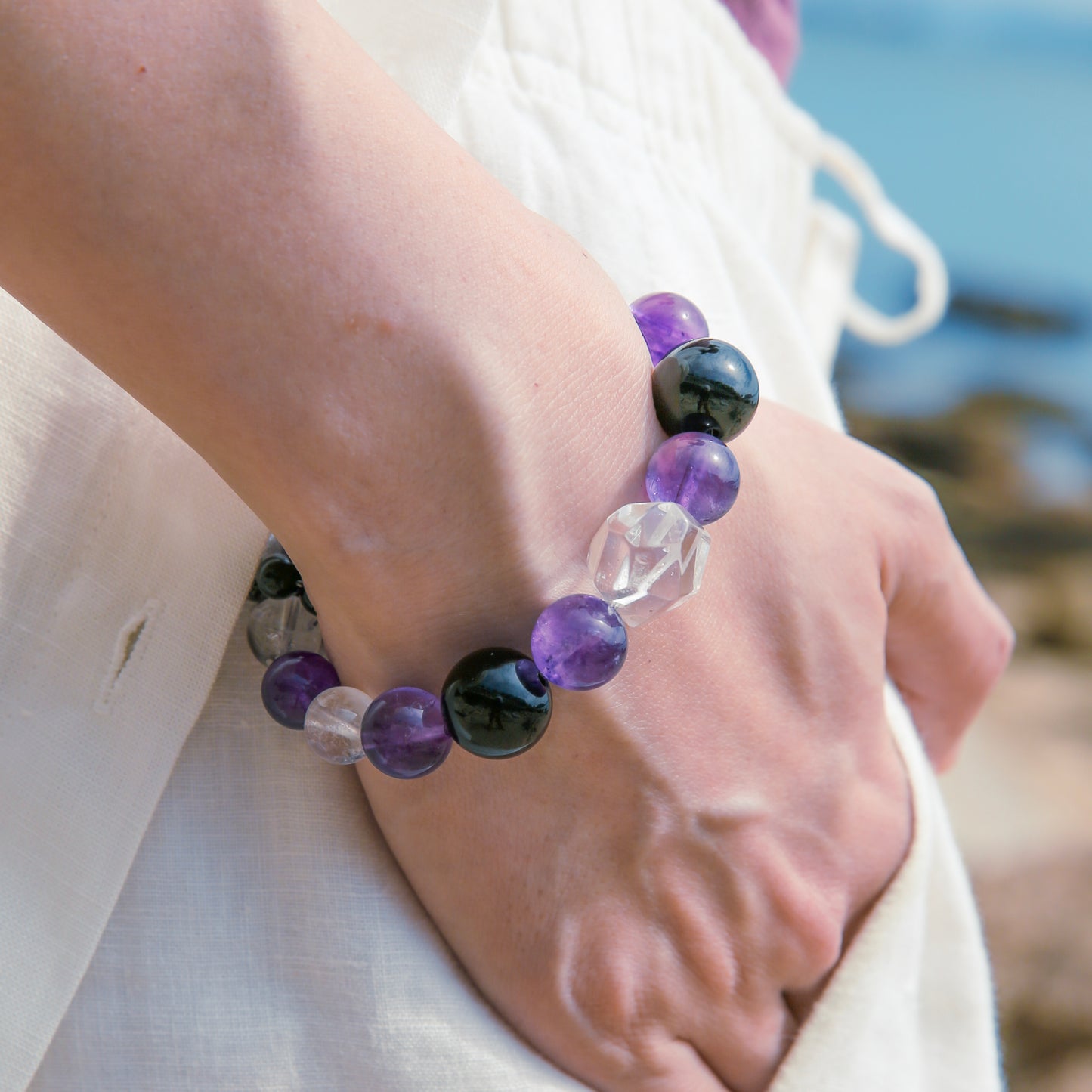 [AA-260032] Psychic Armor Bracelet Obsidian & Amethyst & Clear Quartz Emotional Balance