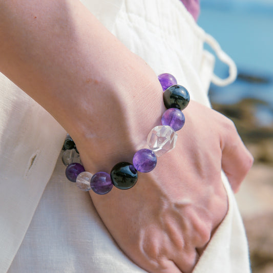 [AA-260032] Psychic Armor Bracelet Obsidian & Amethyst & Clear Quartz Emotional Balance