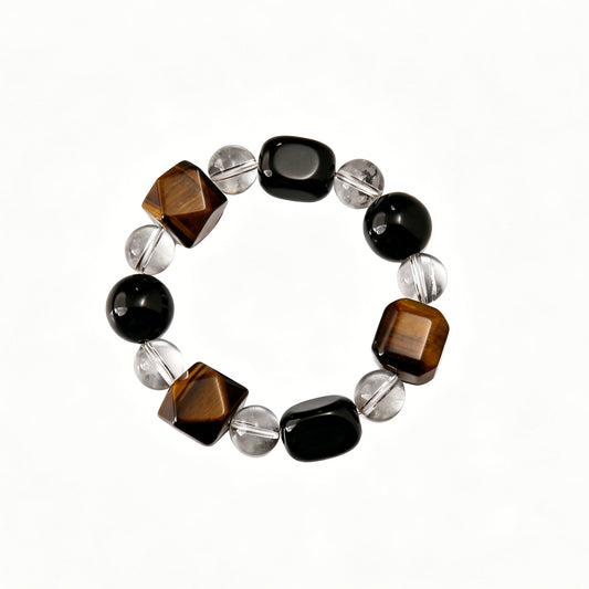 [AA-260017] Warrior’s Grounding Bracelet  Obsidian & Tiger's Eye & Clear Quartz Protection & Shielding