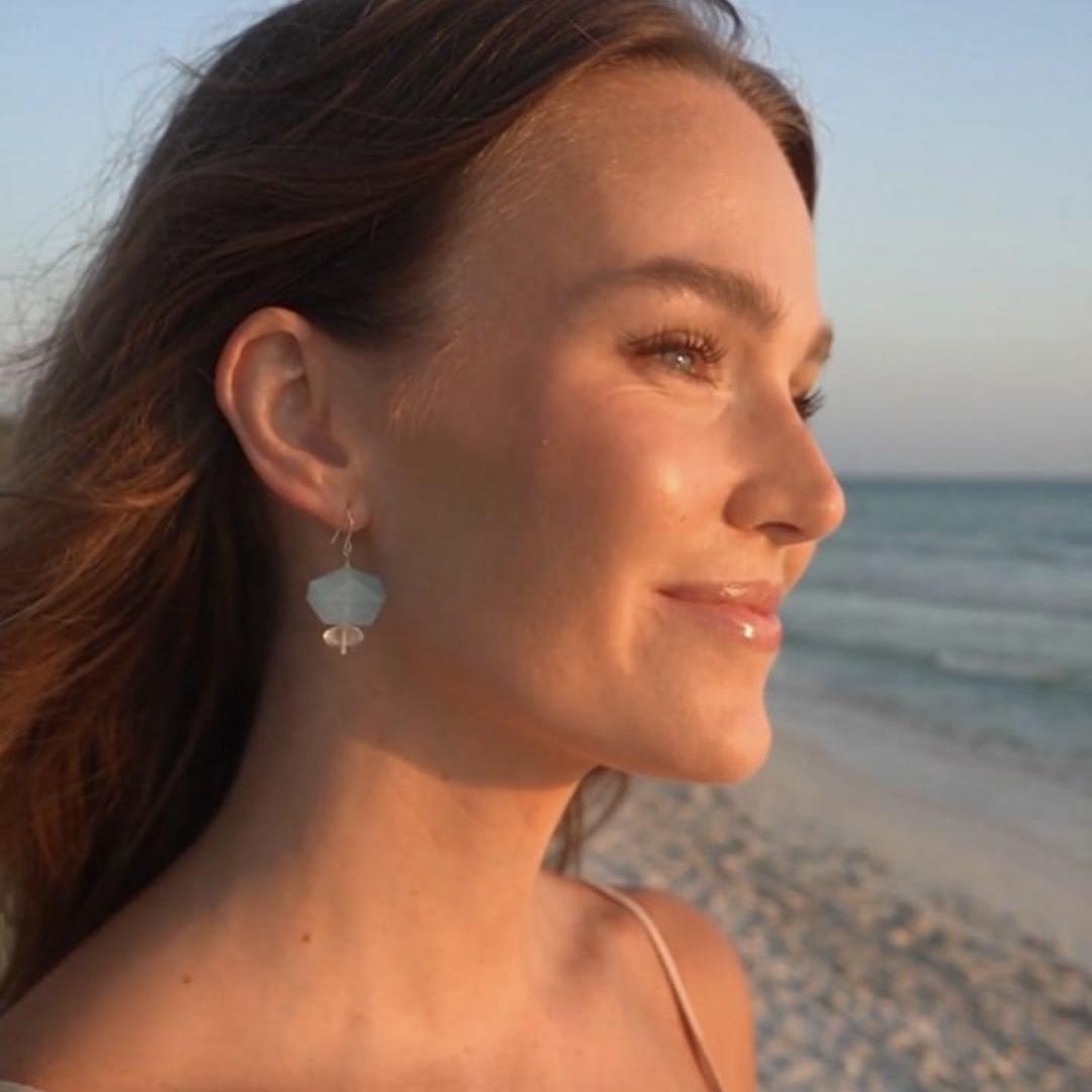 [AC-260048]The Sea Foam: Dual Currents | Aquamarine Clear Quartz 925 Sterling Silver Wire-Wrapped Earrings