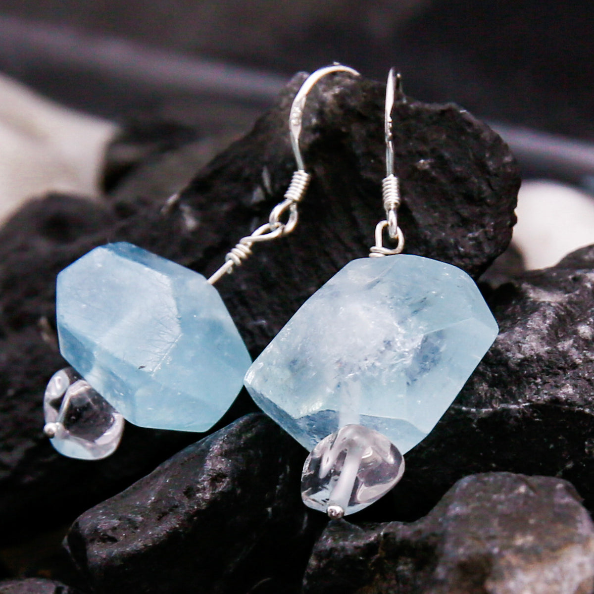 [AC-260048]The Sea Foam: Dual Currents | Aquamarine Clear Quartz 925 Sterling Silver Wire-Wrapped Earrings
