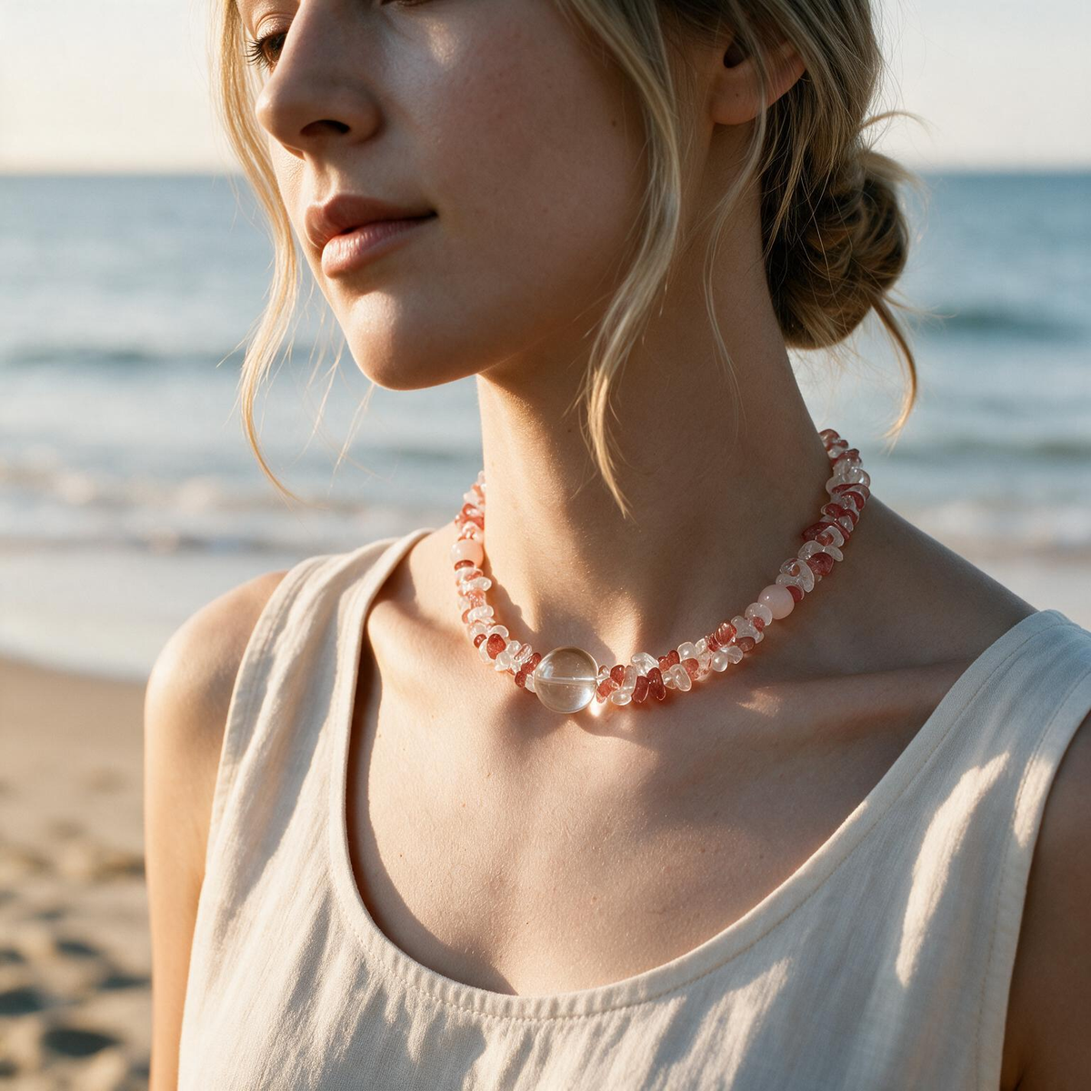 [AB-260045]Sunset Coast · Raw Glow | Luckyore Natural Strawberry Quartz × Rose Quartz × Clear Quartz Hand-Knotted Necklace 45cm (Customizable)