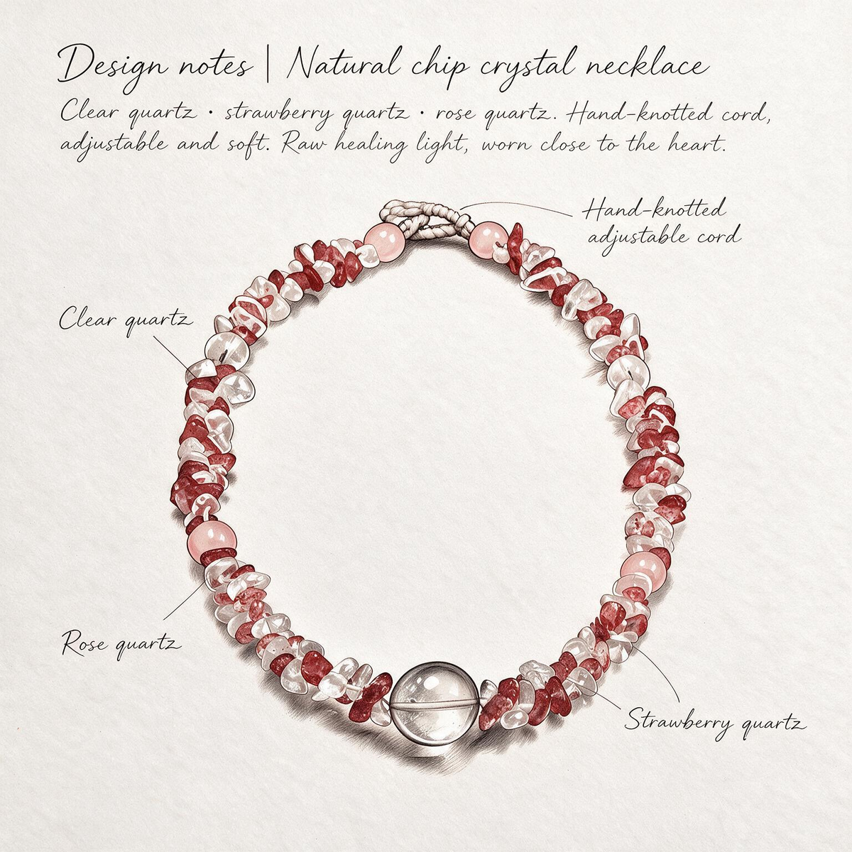[AB-260045]Sunset Coast · Raw Glow | Luckyore Natural Strawberry Quartz × Rose Quartz × Clear Quartz Hand-Knotted Necklace 45cm (Customizable)