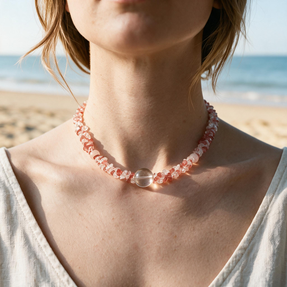 [AB-260045]Sunset Coast · Raw Glow | Luckyore Natural Strawberry Quartz × Rose Quartz × Clear Quartz Hand-Knotted Necklace 45cm (Customizable)