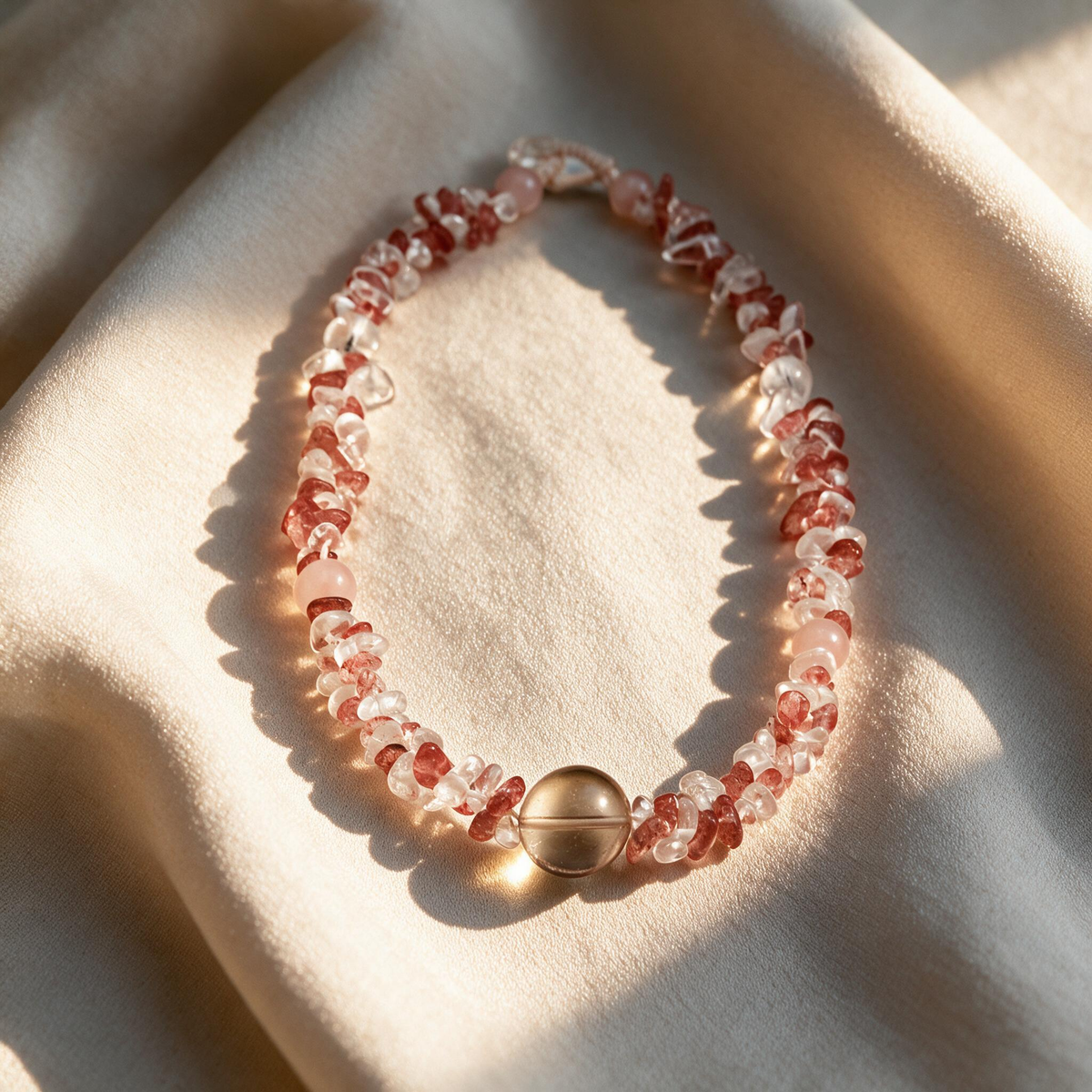 [AB-260045]Sunset Coast · Raw Glow | Luckyore Natural Strawberry Quartz × Rose Quartz × Clear Quartz Hand-Knotted Necklace 45cm (Customizable)