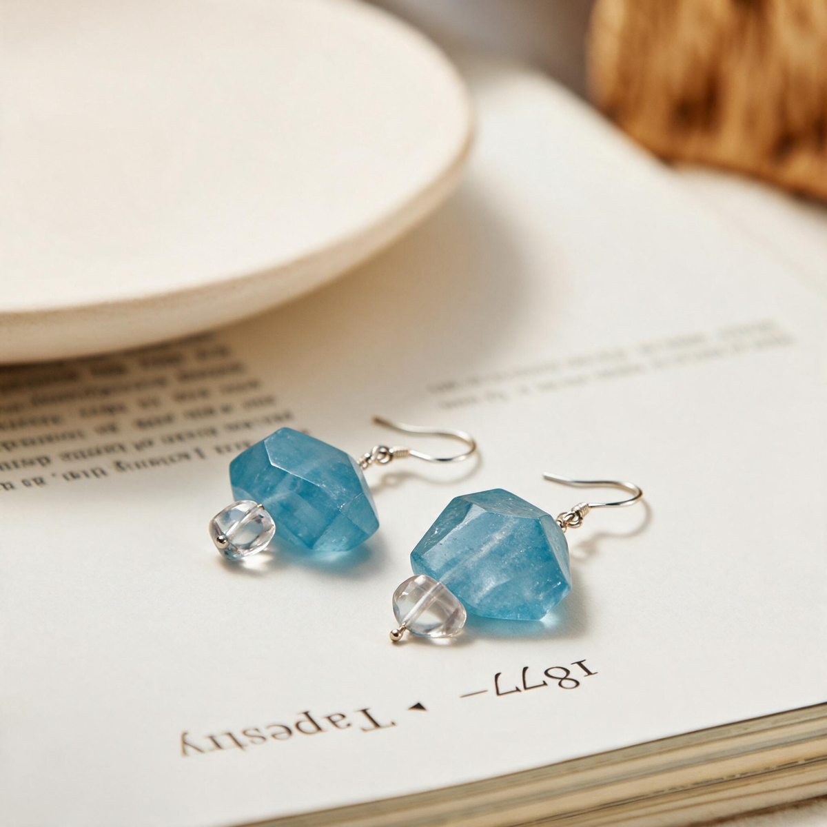 [AC-260048]The Sea Foam: Dual Currents | Aquamarine Clear Quartz 925 Sterling Silver Wire-Wrapped Earrings