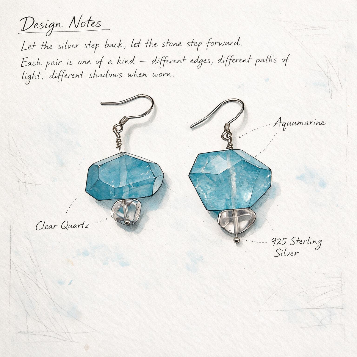 [AC-260048]The Sea Foam: Dual Currents | Aquamarine Clear Quartz 925 Sterling Silver Wire-Wrapped Earrings