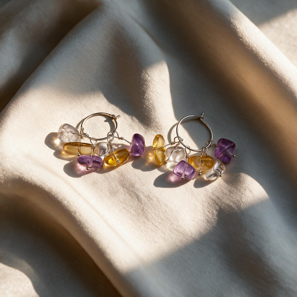 [AC-260049]Twilight Spark: Duality of Light | Amethyst Citrine Clear Quartz Sterling Silver Hoop Earrings