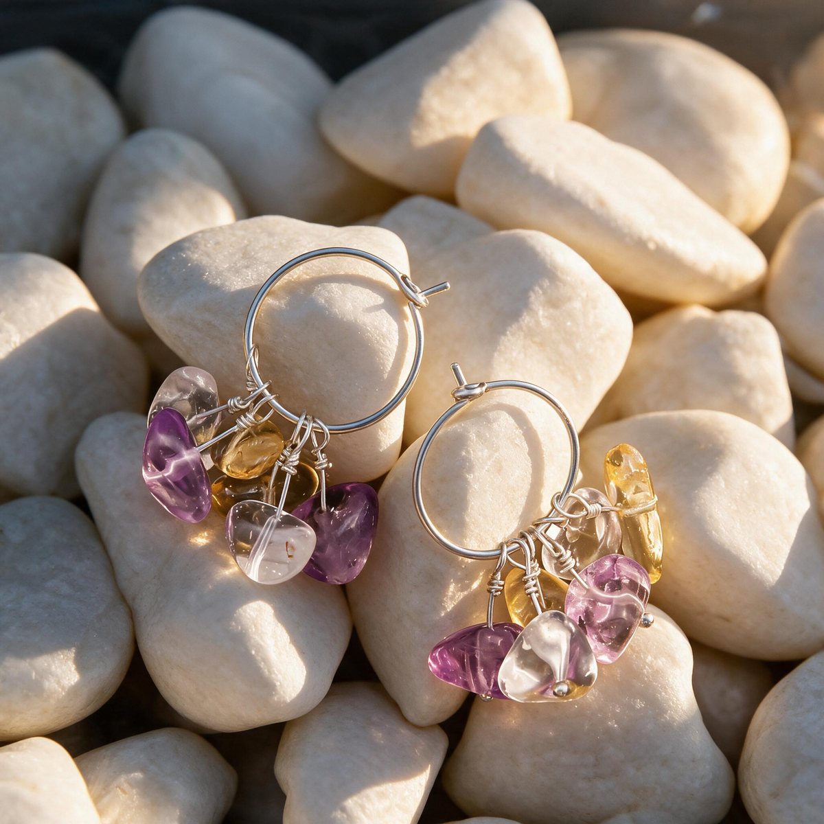 [AC-260049]Twilight Spark: Duality of Light | Amethyst Citrine Clear Quartz Sterling Silver Hoop Earrings