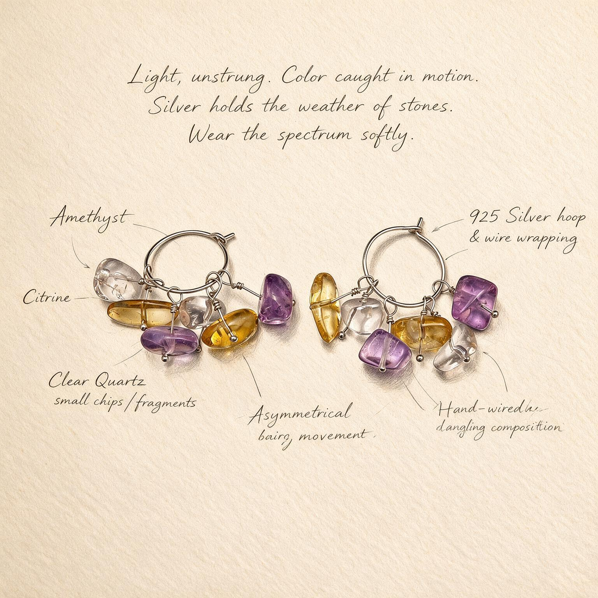 [AC-260049]Twilight Spark: Duality of Light | Amethyst Citrine Clear Quartz Sterling Silver Hoop Earrings