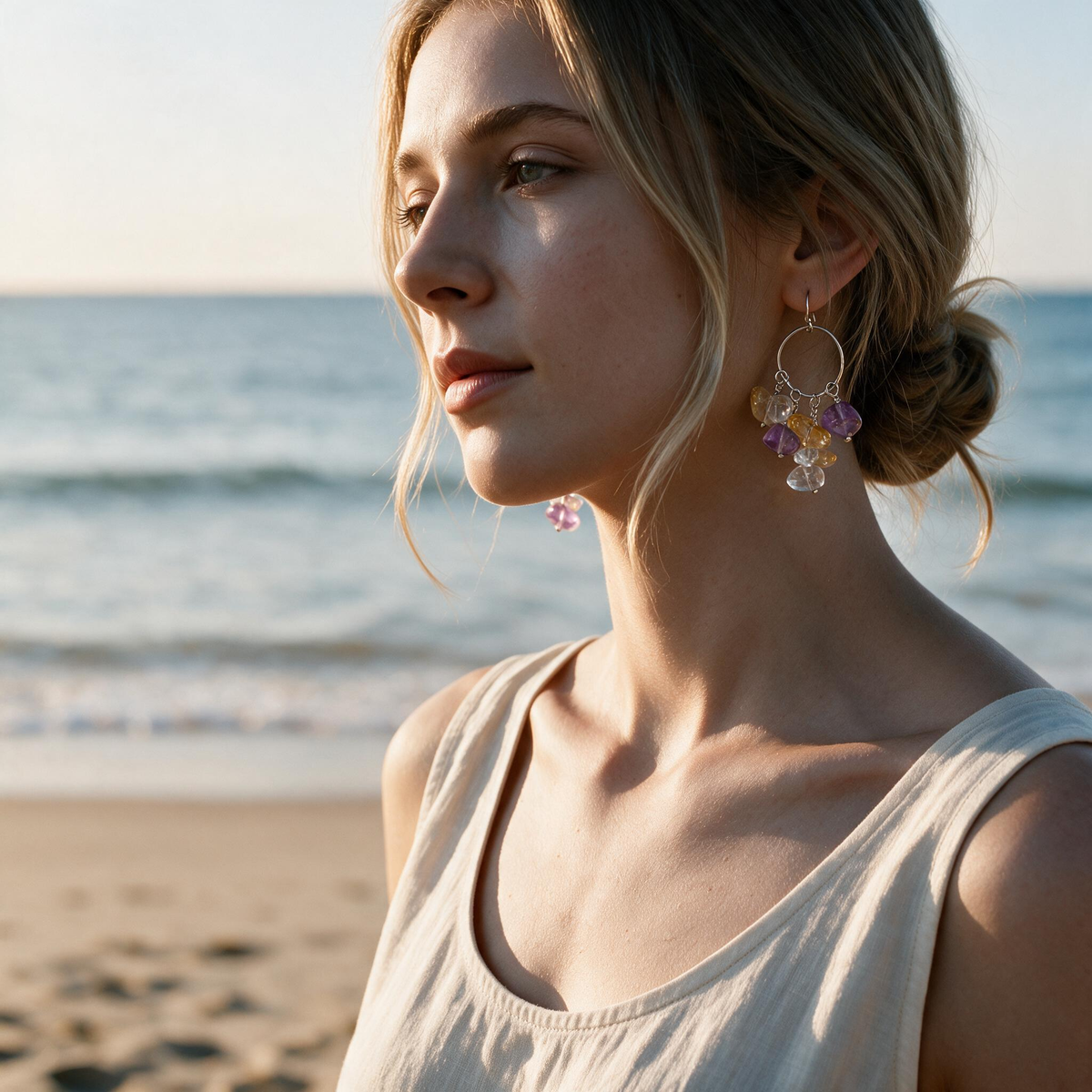 [AC-260049]Twilight Spark: Duality of Light | Amethyst Citrine Clear Quartz Sterling Silver Hoop Earrings
